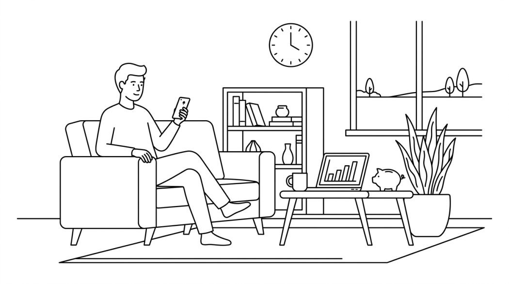 Line drawing of a person on a sofa managing something on a phone
