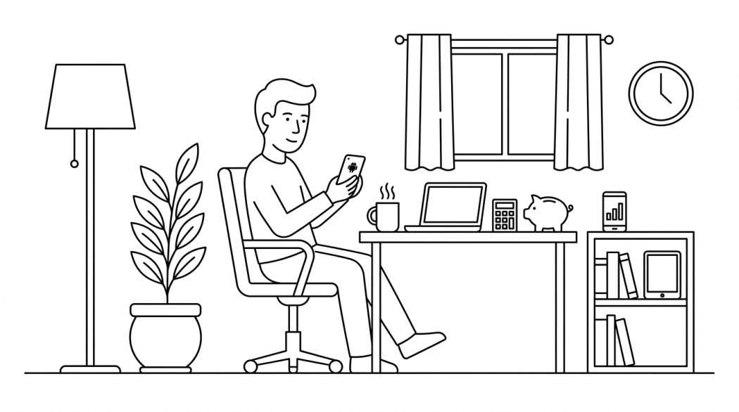 Black-and-white line illustration of budgeting and personal finance apps on an Android phone.