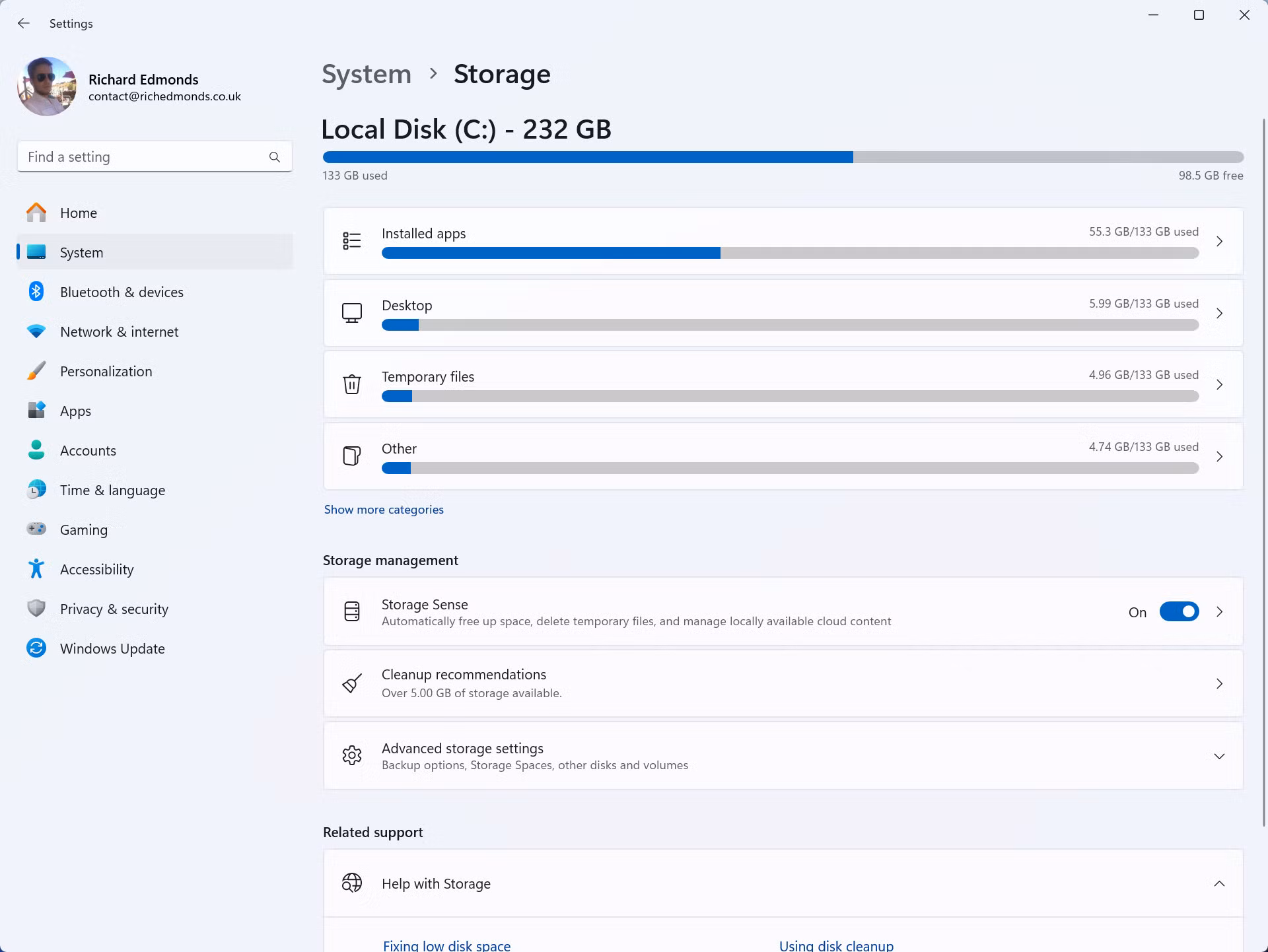 Built-in Storage tools (Settings, Storage) screenshot