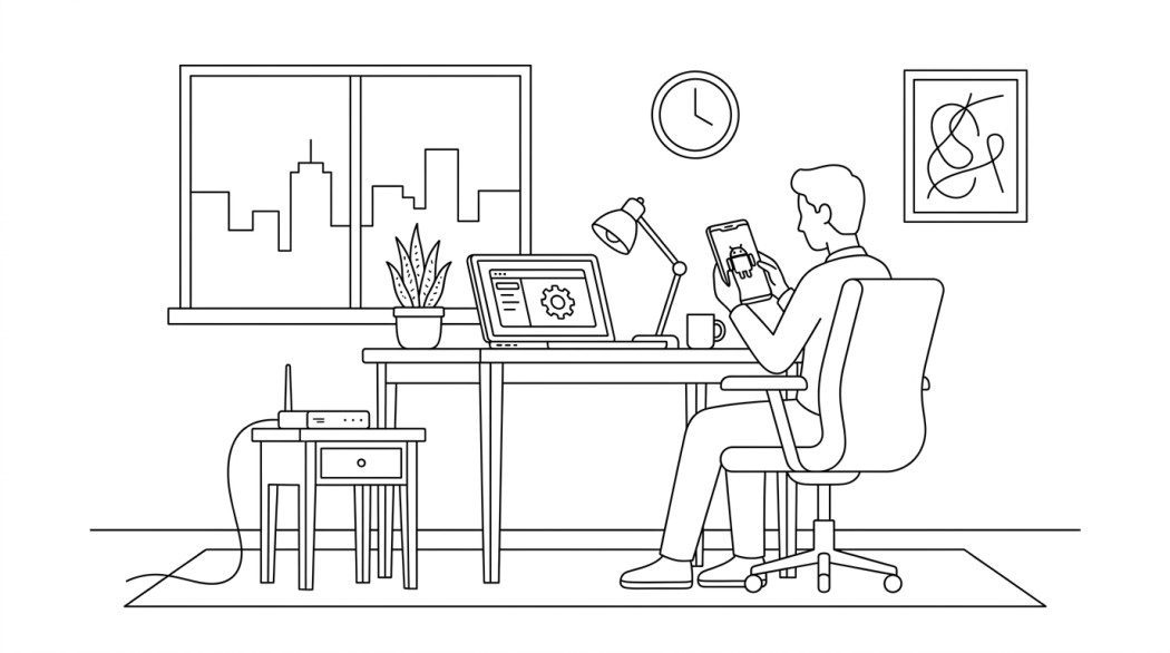 Black-and-white line illustration: a minimal Notion-style scene representing how to handle blocked apps on android: legitimate options.