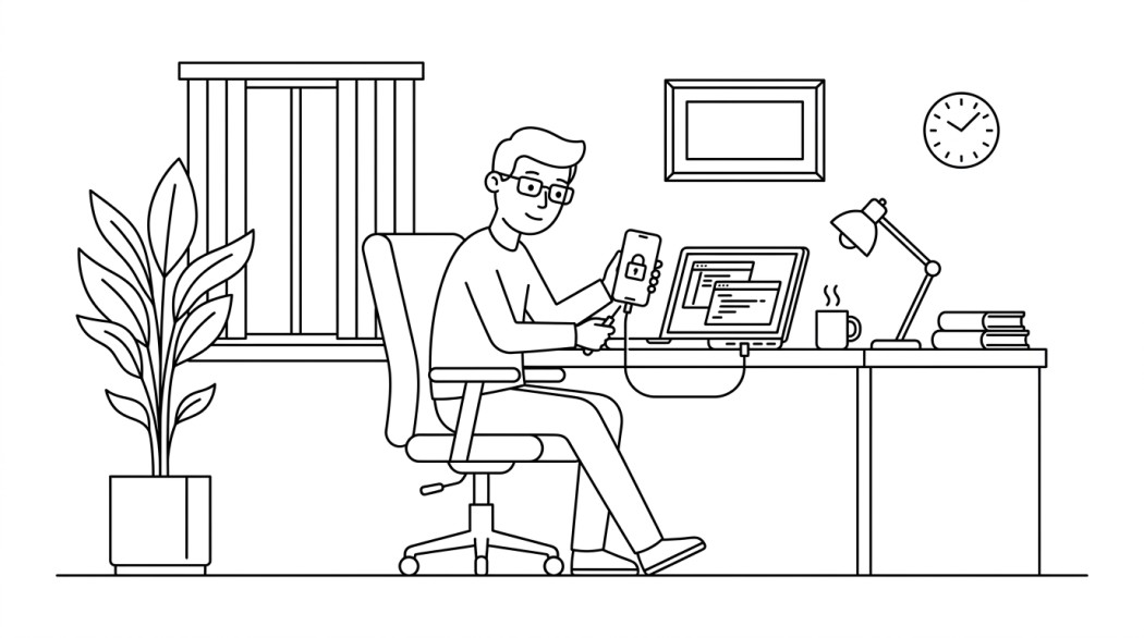 Black-and-white line illustration: a minimal Notion-style scene representing samsung frp bypass: the honest path on a galaxy device.