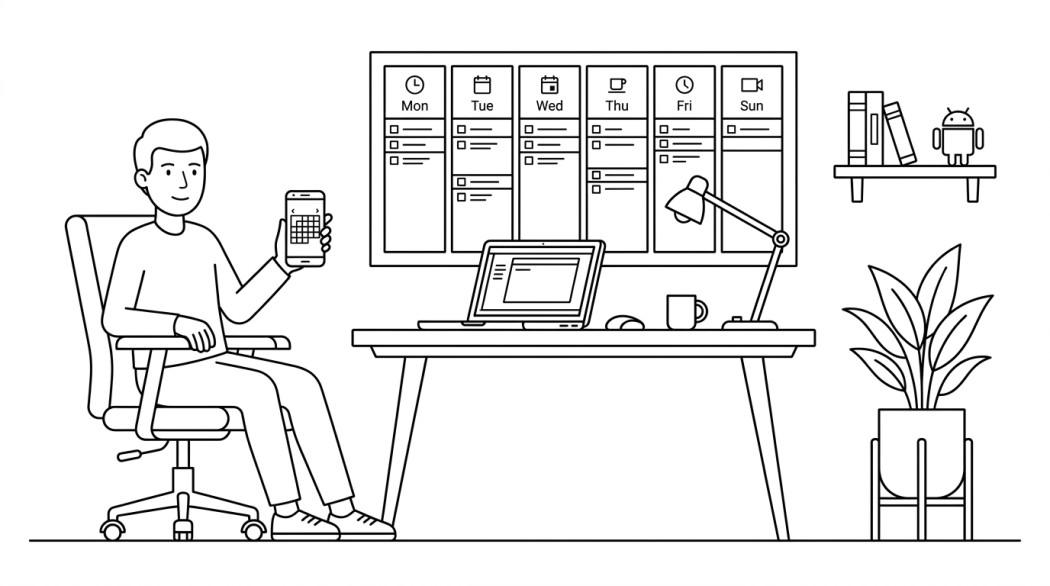 Black and white line illustration of a tidy weekly calendar grid above a desk with a phone calendar app.