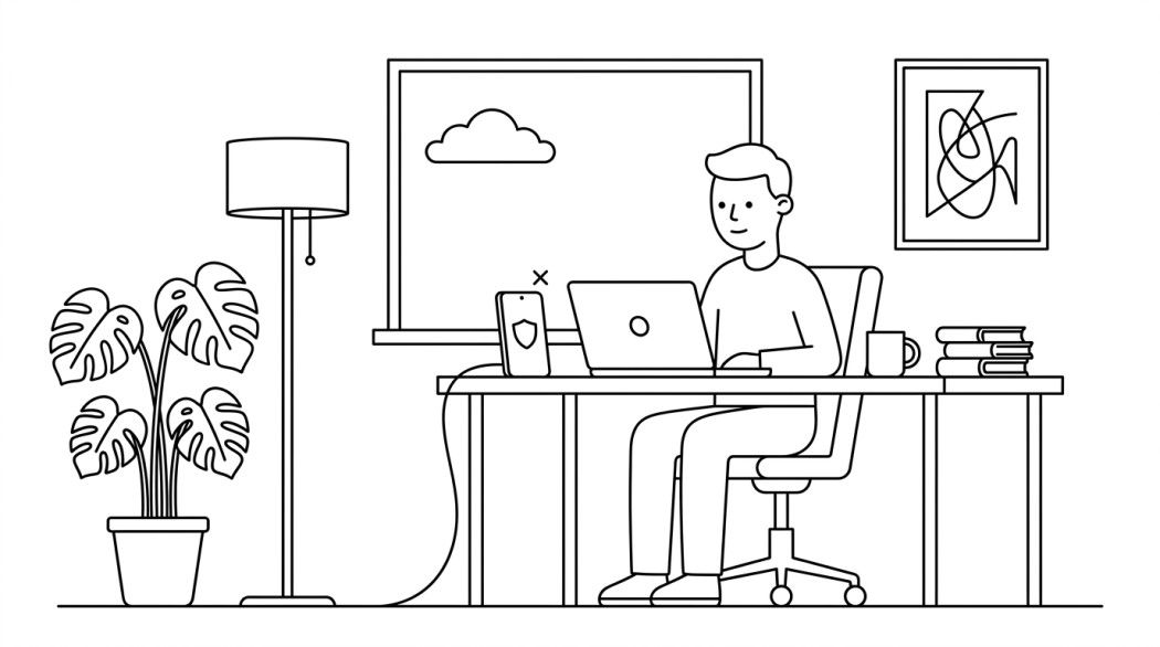 Black and white line illustration of a phone screen showing an incoming spam call being blocked