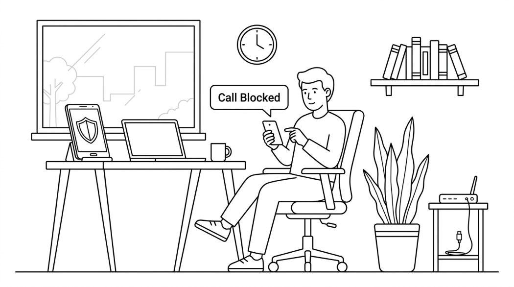 Line drawing of a man at a desk looking at his phone as a Call Blocked label pops up