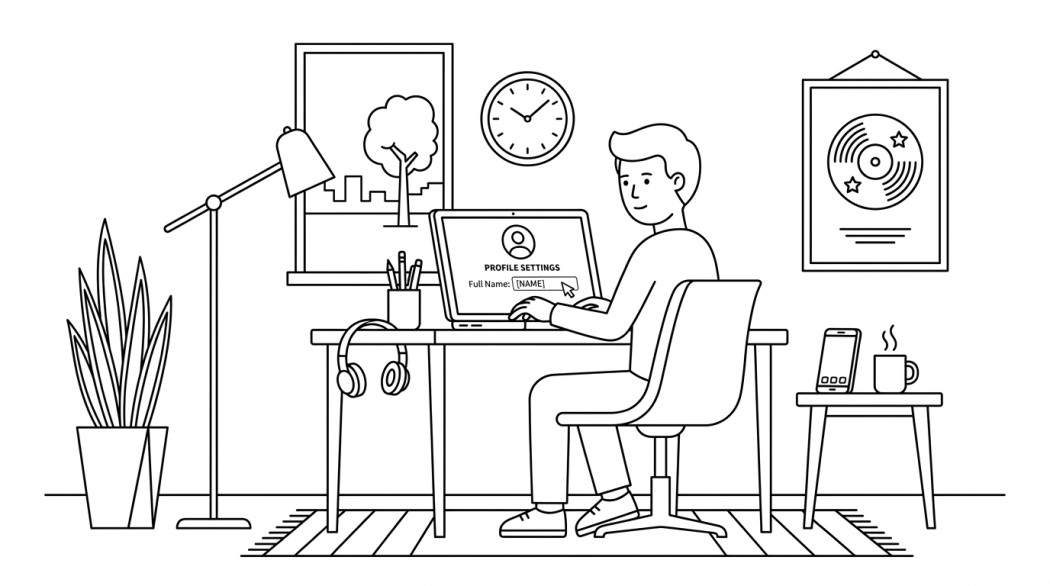 Black-and-white line illustration: a minimal Notion-style scene representing how to change your spotify display name (username).