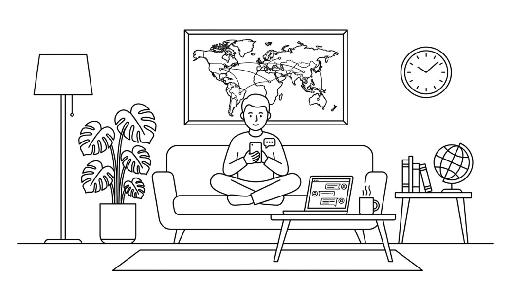 Black-and-white line illustration: a minimal Notion-style scene representing 10 best free chat room apps to make friends (global).