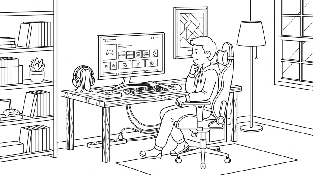 Black-and-white line illustration: a minimal Notion-style scene representing stop wasting time: here’s how to pick an online game you’ll actually love.