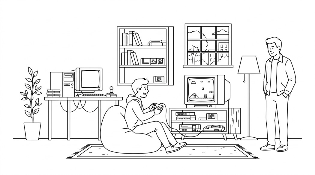 Black-and-white line illustration: a minimal Notion-style scene representing 7 classic retro games from early pcs and consoles that still hold up today.