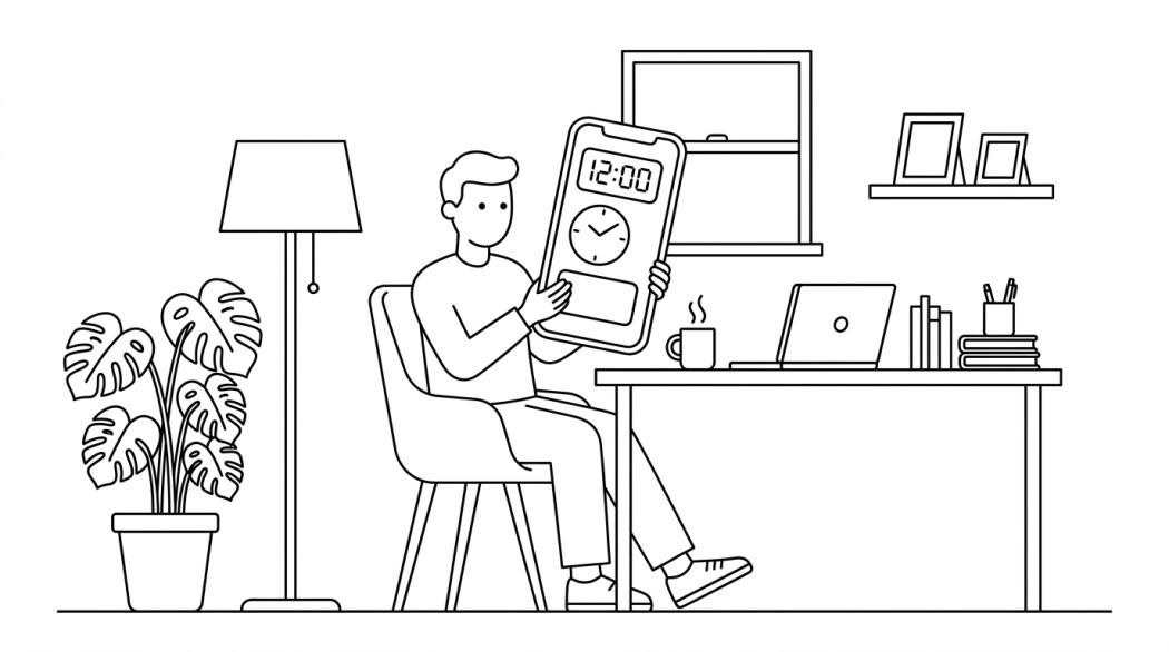 Black-and-white line illustration: a minimal Notion-style scene representing 10 best clock widget apps for android home screens.