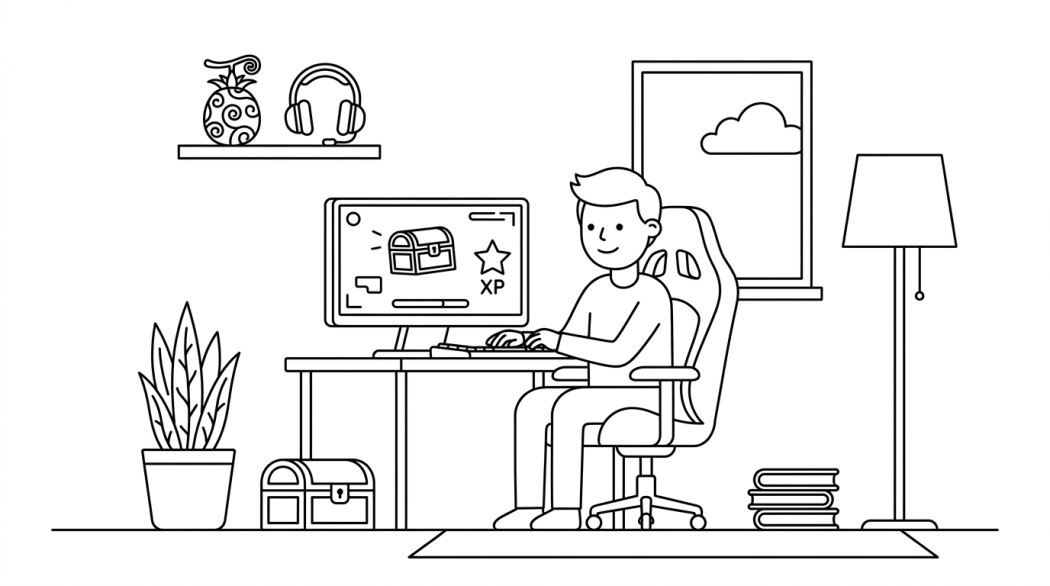 Black-and-white line illustration: a minimal Notion-style scene representing codes blox fruits dans roblox 2026 (xp et recompenses).