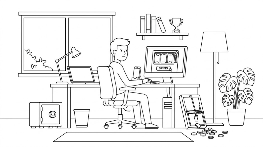 Black-and-white line illustration: a minimal Notion-style scene representing coin master free spins and coins (where real links come from, and the scam trap).