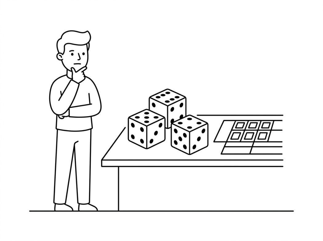 Black and white editorial illustration of dice and a Color Game board.