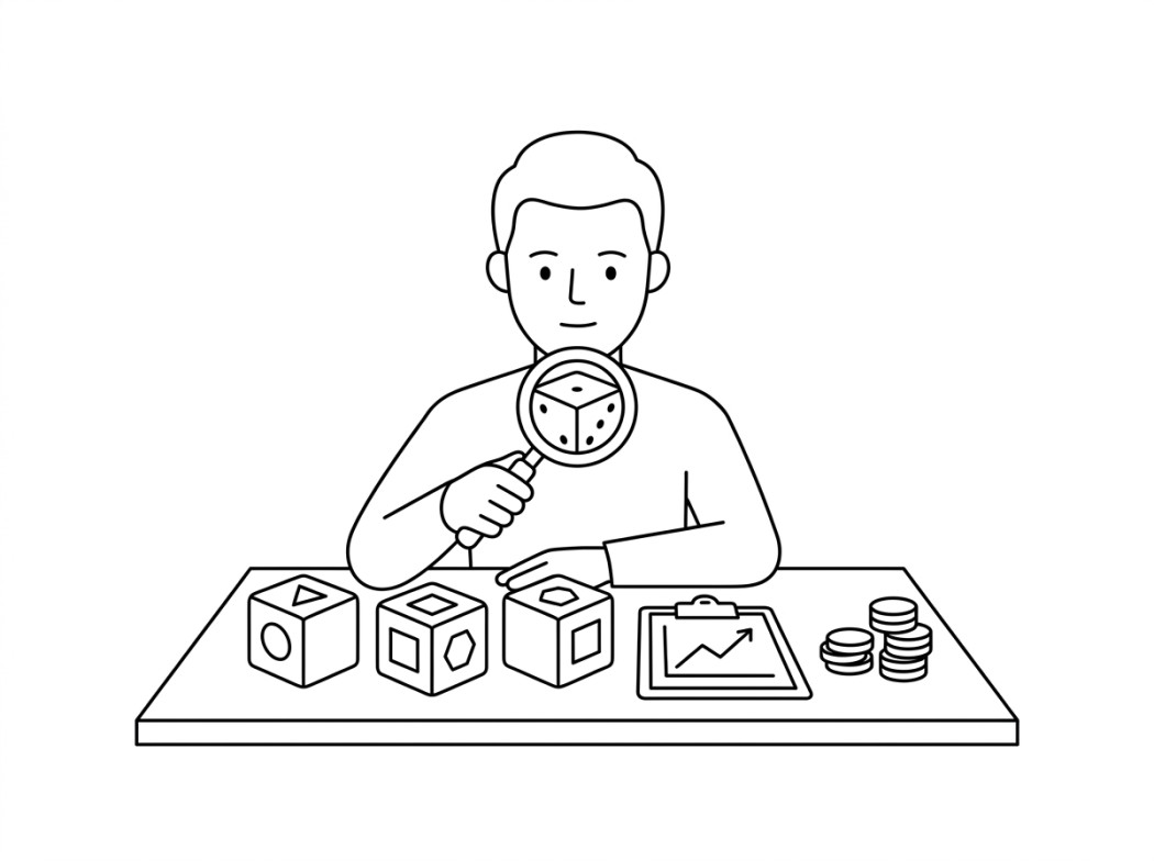 Black and white editorial illustration of three dice rolling above a chart.