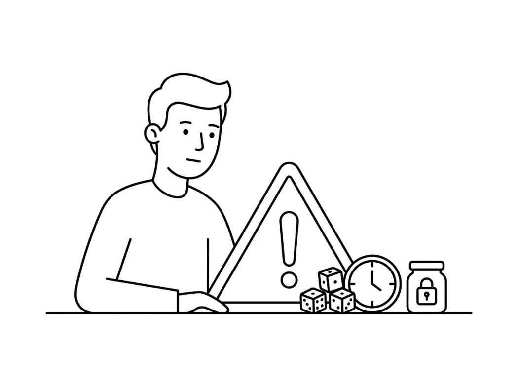 Black and white editorial illustration of warning signs around a smartphone.