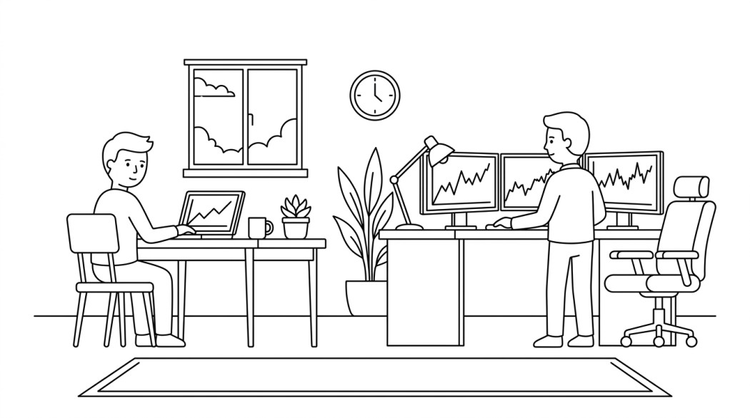 Black-and-white line illustration: a minimal Notion-style scene representing comparing the best trading account types for beginners and pros.