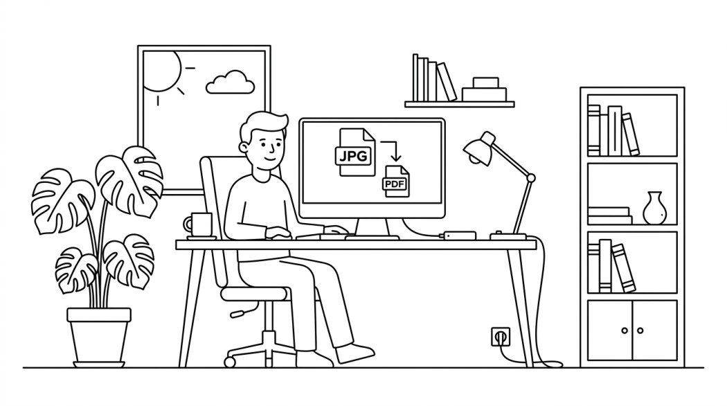 Black-and-white line illustration: a minimal Notion-style scene representing compress large jpgs into pdfs to save storage in 2026.