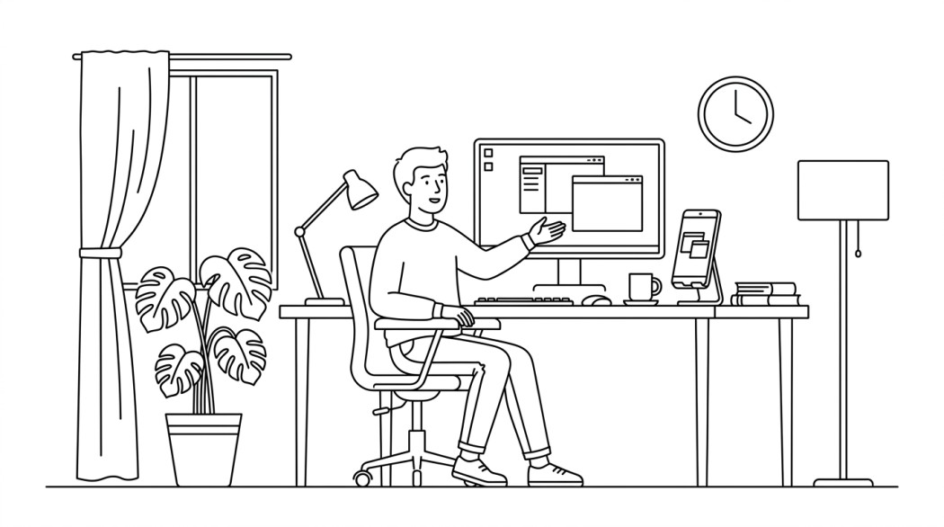 Person at a desktop PC with an Android phone docked beside the monitor