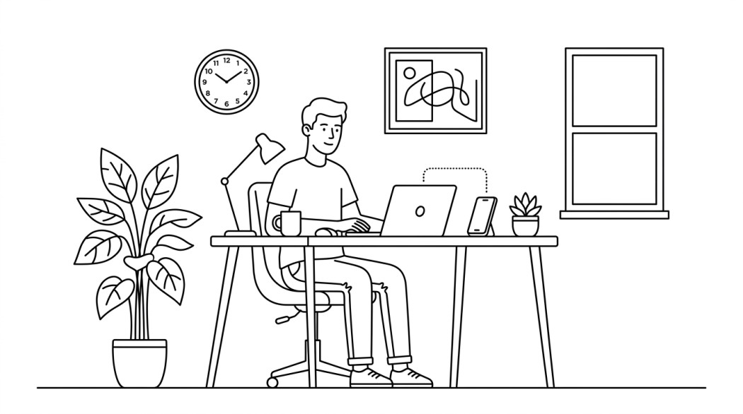 Black-and-white line illustration: a minimal Notion-style scene representing how to connect your android phone to windows (phone link, nearby share, kde connect).