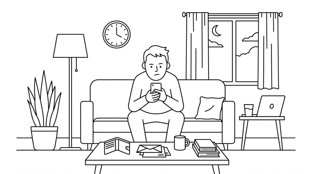 Line art of a person alone at a table at night looking at a phone beside a wallet