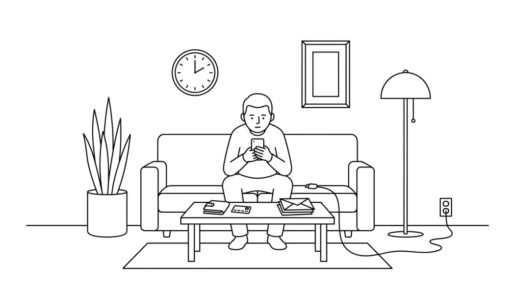 Black-and-white line illustration: a minimal Notion-style scene representing the real consequences of mobile gambling (and how to weigh the risk before you play).