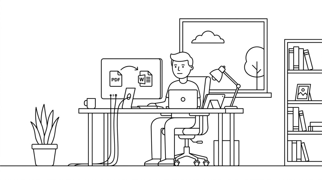 Black-and-white line illustration: a minimal Notion-style scene representing convert pdf to word: swifdoo, free tools, and the best workflow.