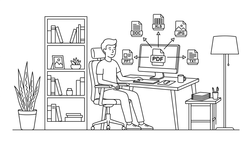 Black-and-white line illustration: a minimal Notion-style scene representing 5 reliable ways to convert a pdf to any format.