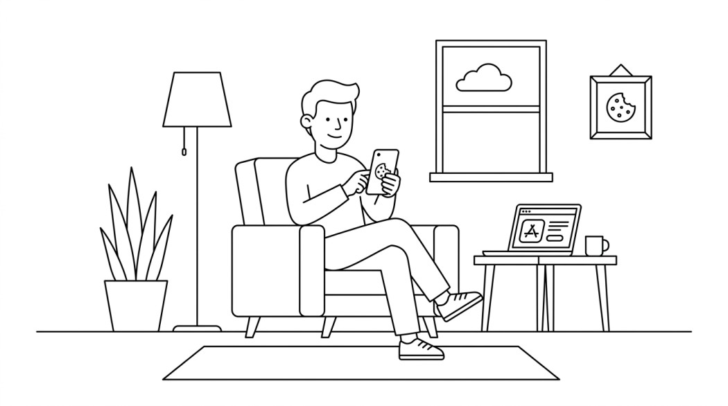 Black-and-white line illustration: a minimal Notion-style scene representing cookie clicker on android: just play the game (skip the mod apks).