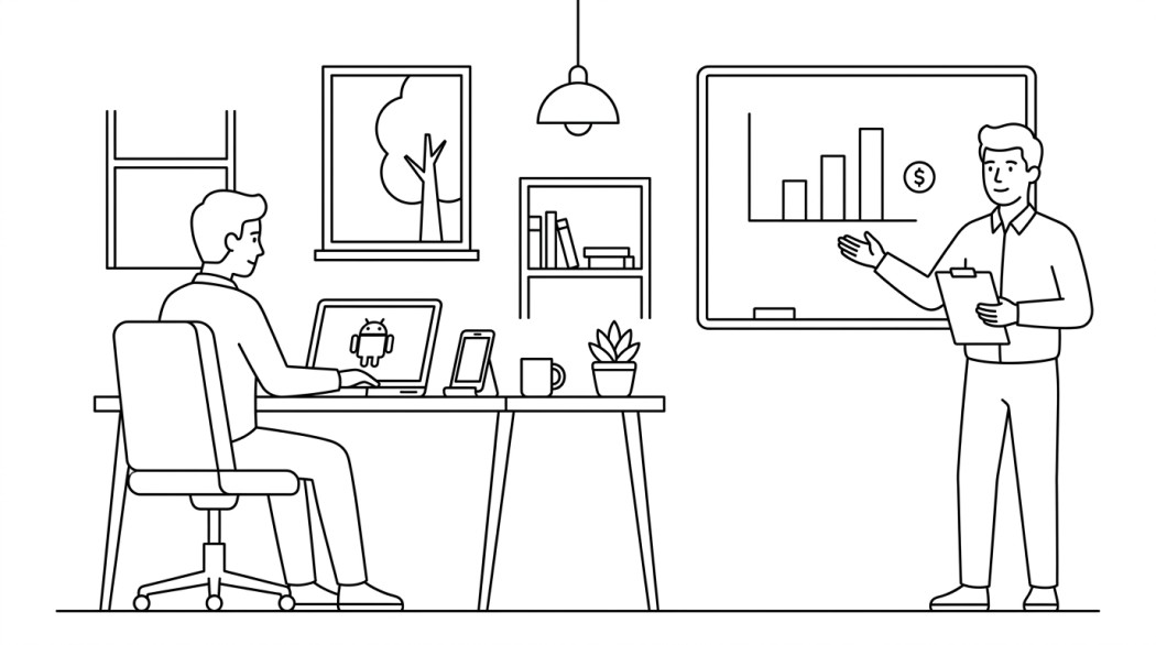 Black-and-white line illustration: a minimal Notion-style scene representing how much does it cost to hire an android app developer?.