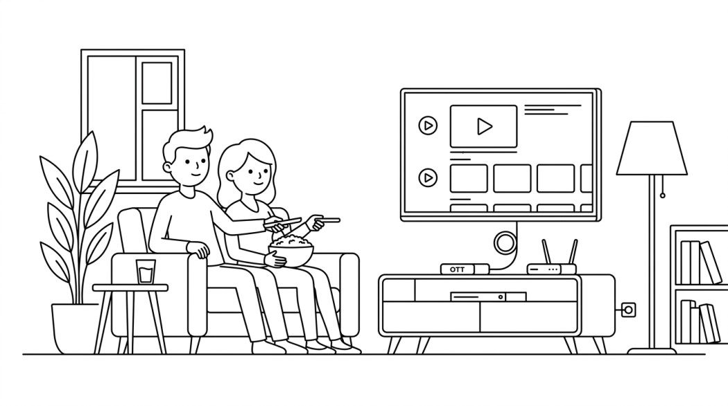 Black-and-white line illustration: a minimal Notion-style scene representing legal alternatives to couchtuner and solarmovies (free and paid tv streaming).