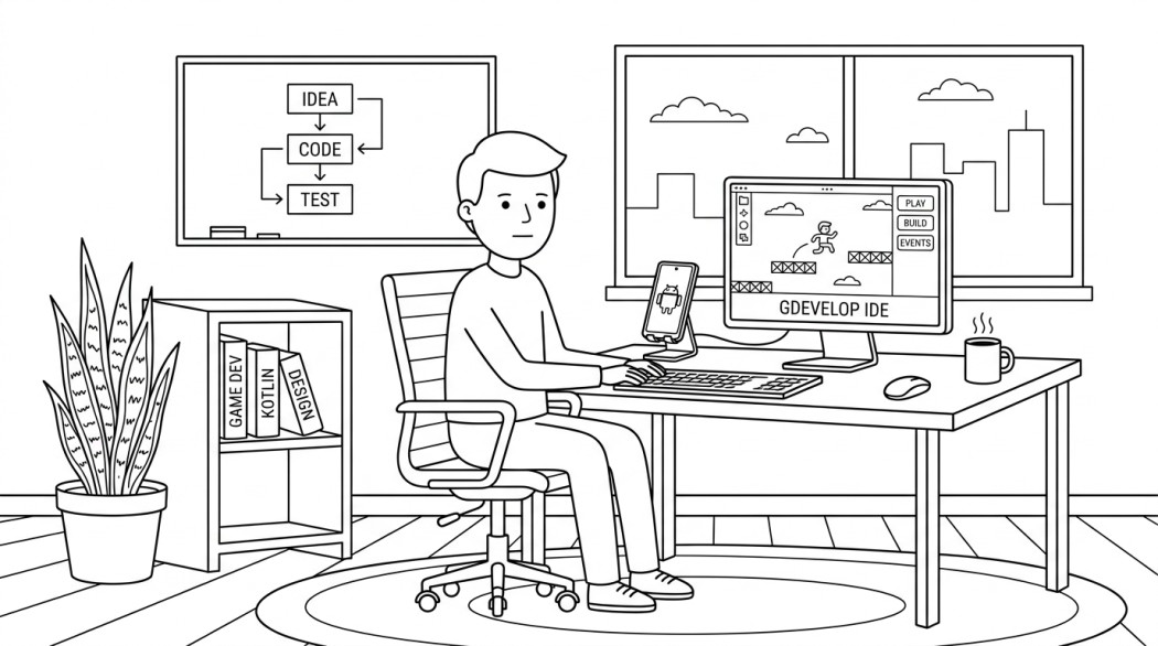 Black-and-white line illustration: a minimal Notion-style scene representing building android games with gdevelop in 2026 (workflow).