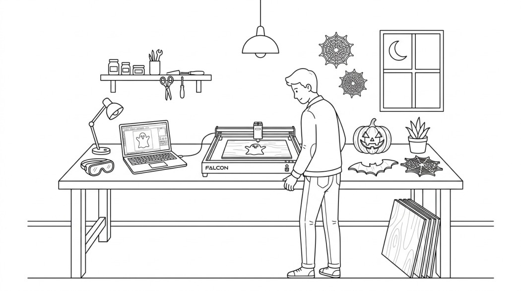 Black-and-white line illustration: a minimal Notion-style scene representing creality falcon: the laser engraver that brings halloween to life.