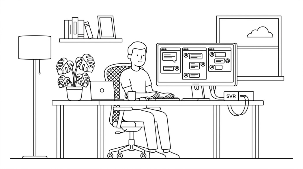 Black-and-white line illustration: a minimal Notion-style scene representing how to create your own chat rooms (discord, matrix, signal, self-hosted).