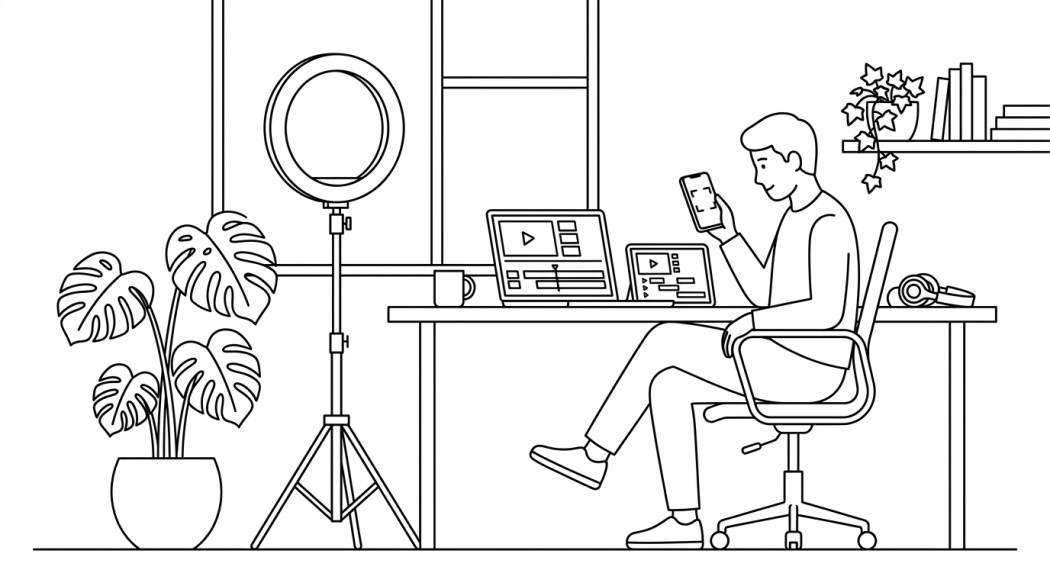 Black-and-white line illustration: a minimal Notion-style scene representing how to crop a video on tiktok (3 quick methods that actually).