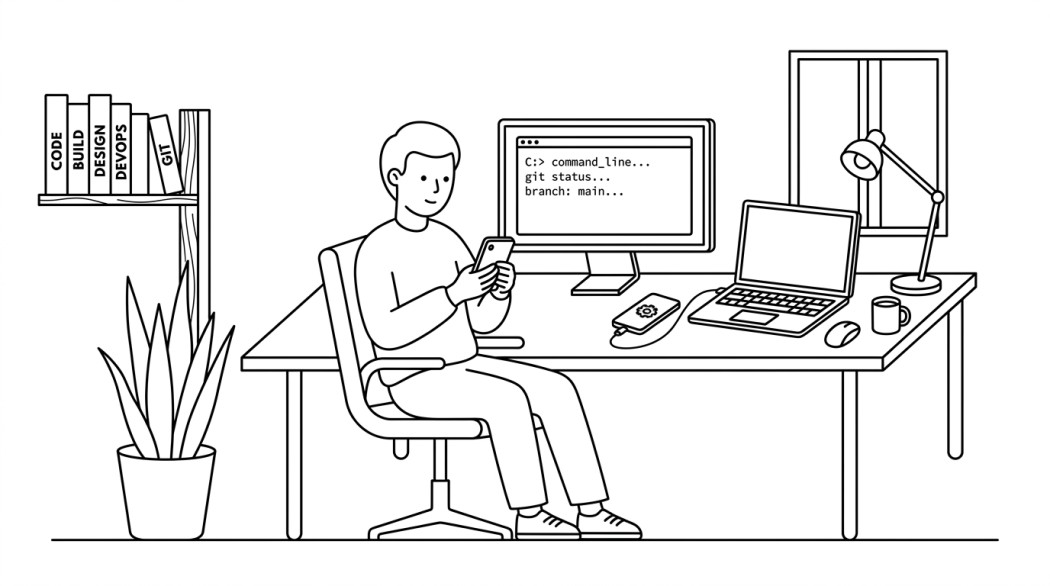 Line art of a developer at a desk with code on screen and a phone in hand