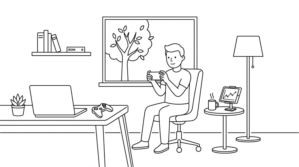 Black-and-white line illustration: a minimal Notion-style scene representing custom gaming roms and kernels for android (legal, modern alternatives to outdated flashing).