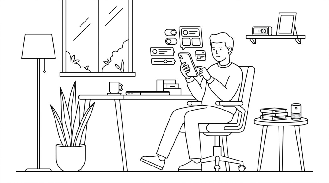 Black-and-white line illustration: a minimal Notion-style scene representing customize your android phone interface in 2026.