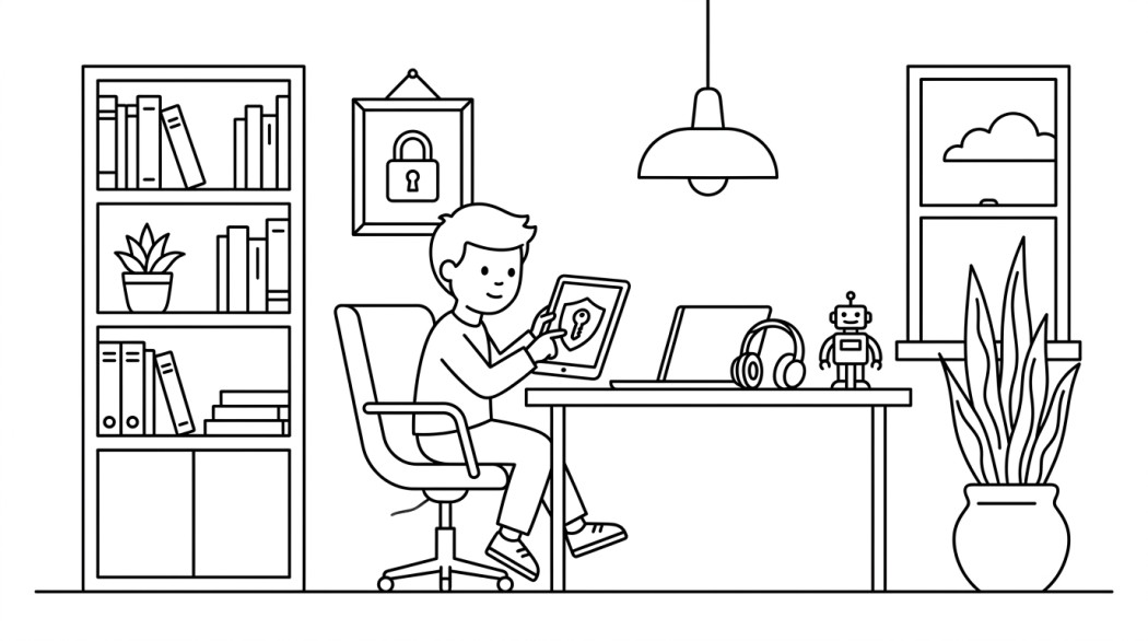 Black-and-white line illustration: a minimal Notion-style scene representing gamified cyber education for kids in 2026 (apps that work).