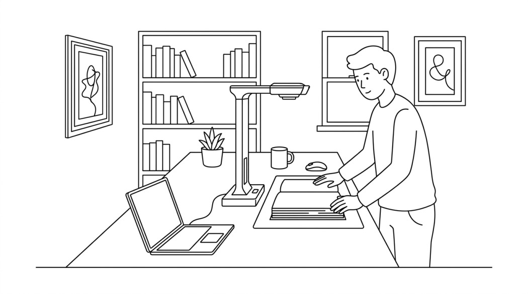 Black-and-white line illustration: a minimal Notion-style scene representing using the czur et max scanner: what to expect.