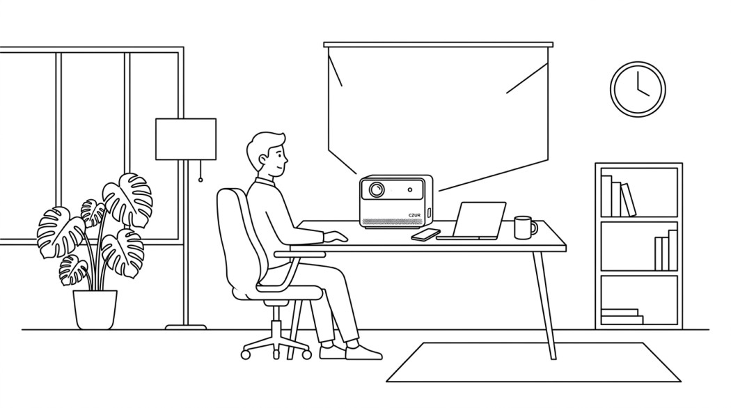 Black-and-white line illustration: a minimal Notion-style scene representing czur starryhub review: conference projector, camera, and audio in one box.