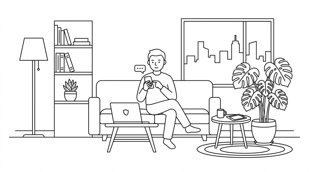 Black-and-white line illustration: a minimal Notion-style scene representing how dating and video chat apps are tackling scams, bots, and ghosting in 2026.