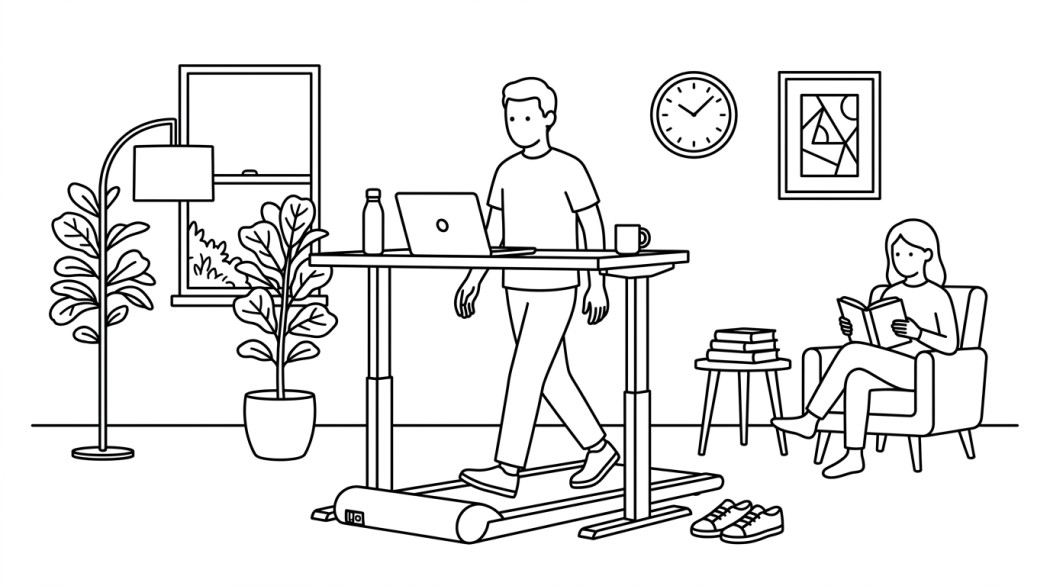 Black-and-white line illustration: a minimal Notion-style scene representing deerrun walking pad and foldable treadmill review 2026: six months on the floor.