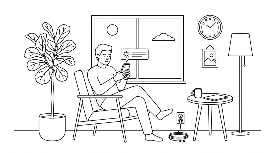 Black-and-white line illustration: a minimal Notion-style scene representing how to disable google weather notifications on android.