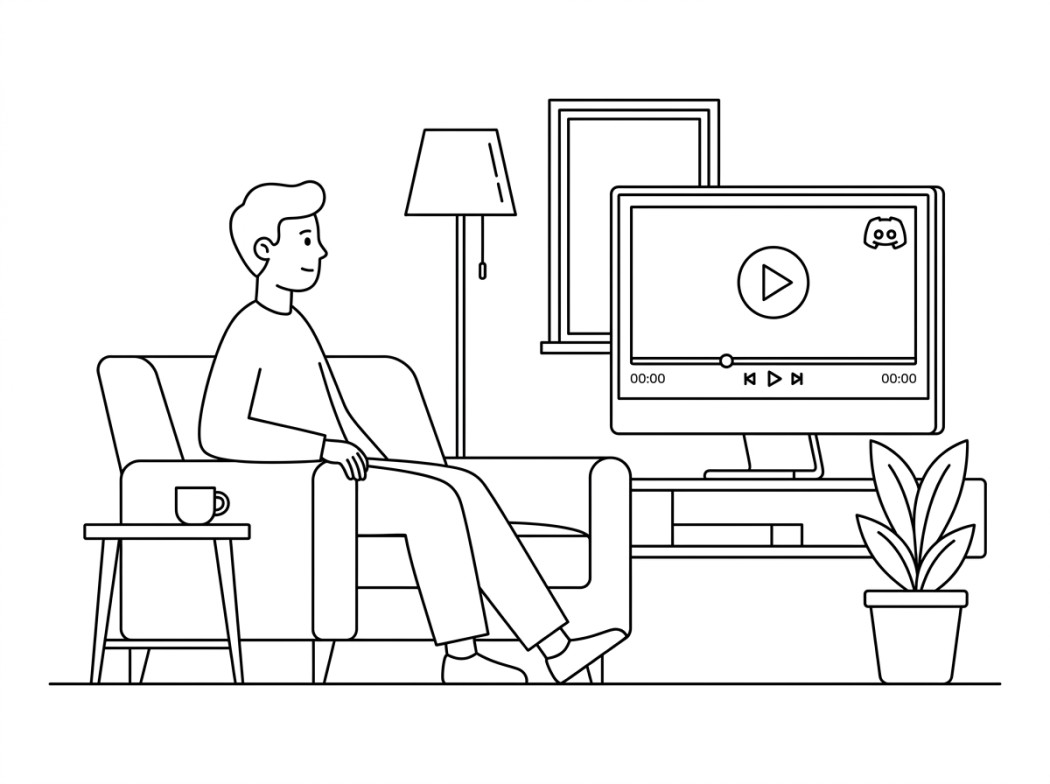 Black-and-white illustration representing Discord Watch Together (via Activities).