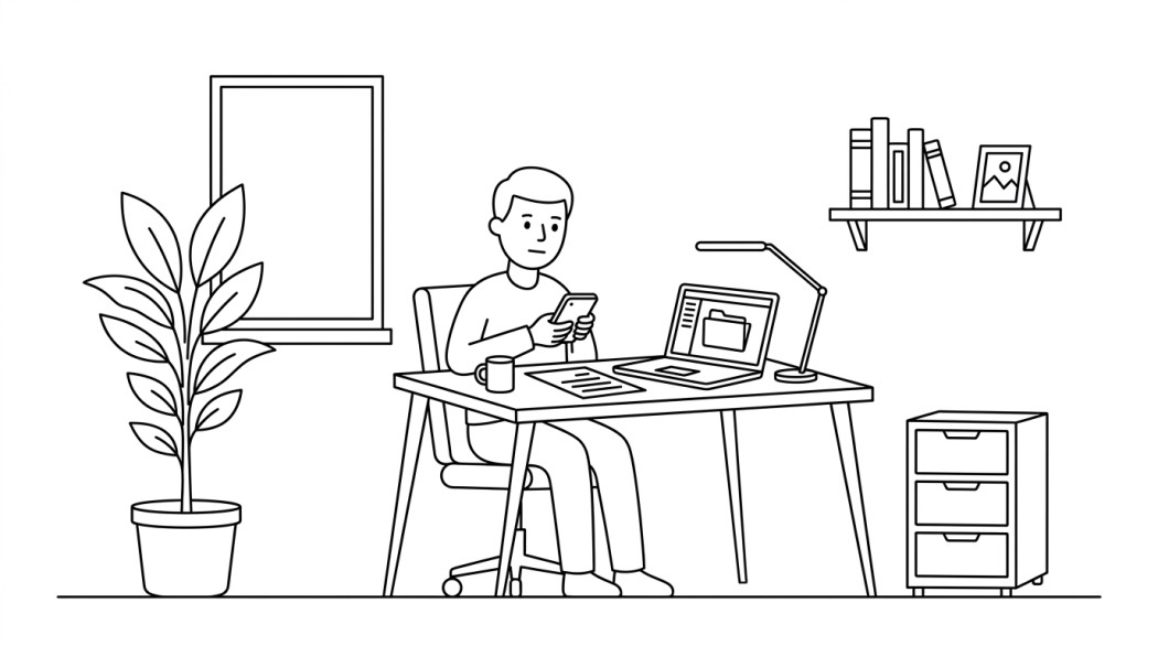 Black-and-white line illustration: a minimal Notion-style scene representing docutain: the all-in-one scanner & document management app.