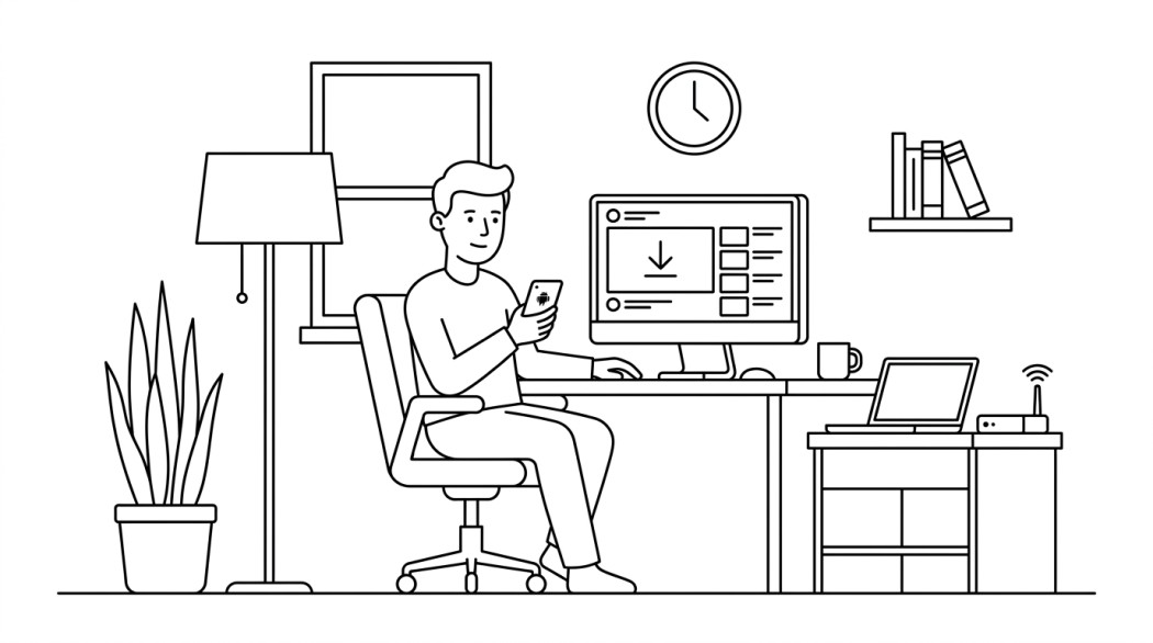 Black-and-white line illustration: a minimal Notion-style scene representing how to download facebook videos on android (official + save features).