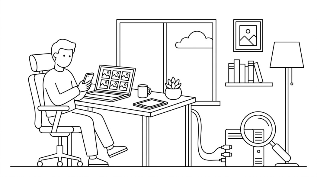 Black-and-white line illustration: a minimal Notion-style scene representing saving instagram photos and videos: the legitimate paths and the risks of scrapers.
