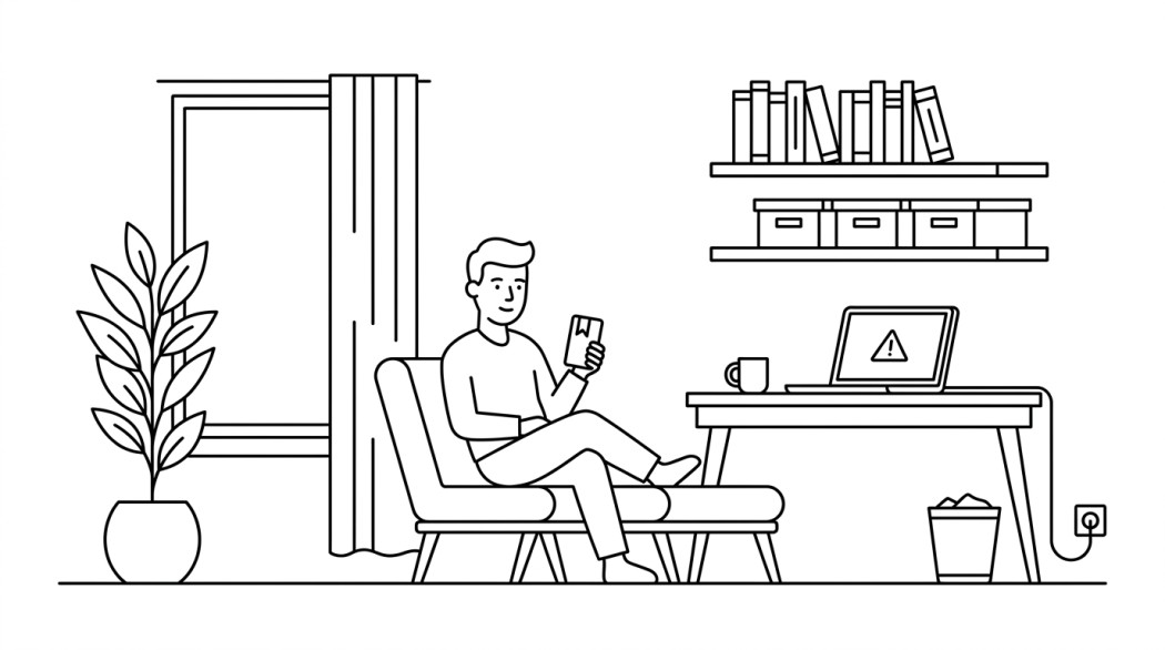 Black-and-white line illustration: a minimal Notion-style scene representing how to save instagram reels (native save, collections, repost, and why third-party downloaders are a bad bet).