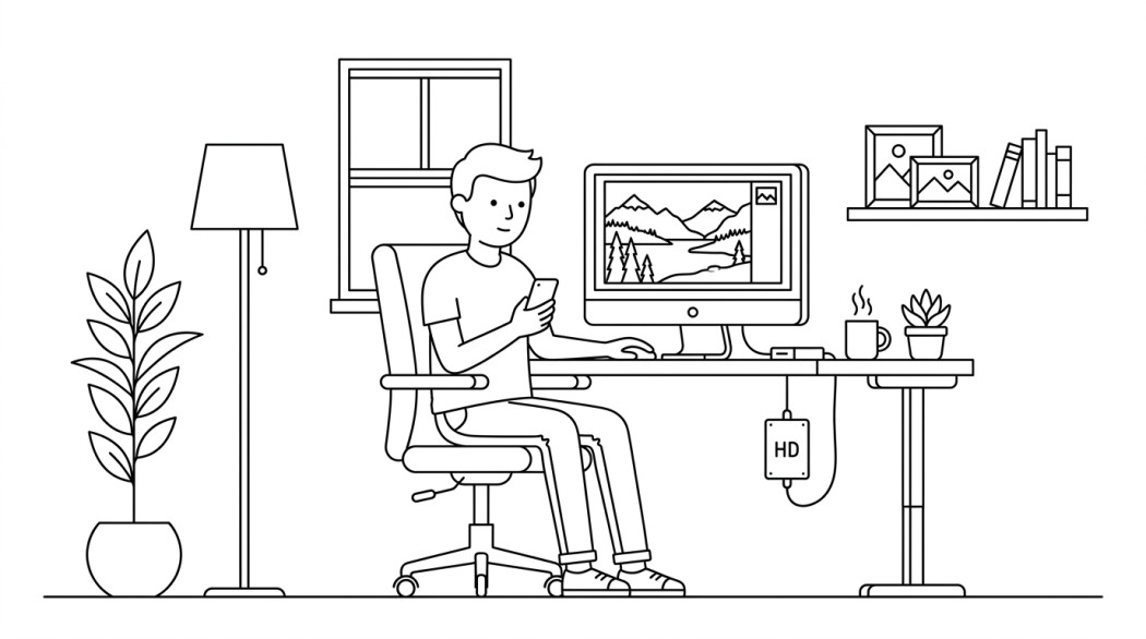 Black-and-white line illustration: a minimal Notion-style scene representing how to save instagram photos in full resolution.