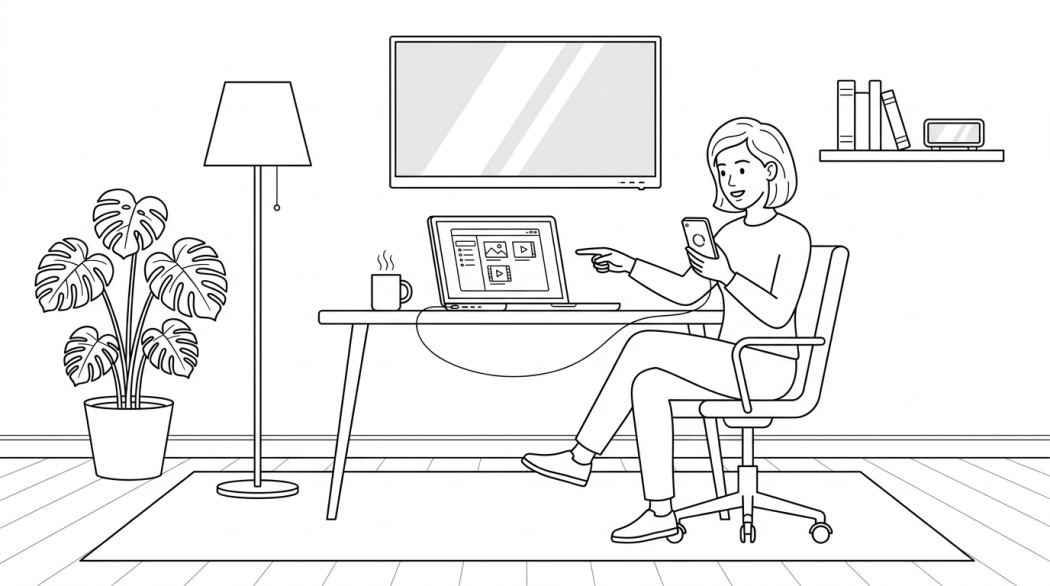 Black-and-white line illustration: a minimal Notion-style scene representing how to save whatsapp status photos and videos (built-in and app-free).