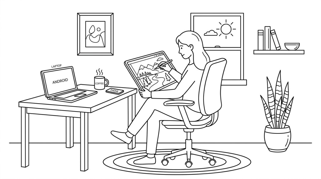 Black-and-white line illustration: a minimal Notion-style scene representing 4 best apps to edit, sketch, and draw on photos on android.